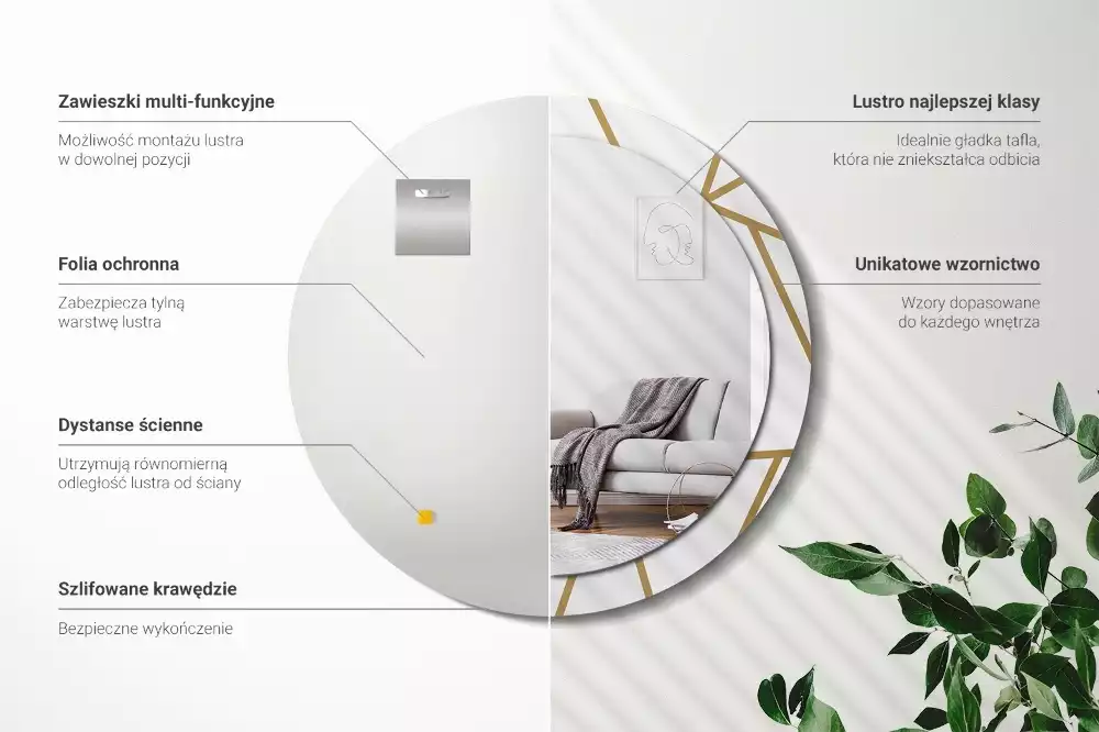 Lustro ścienne dekoracyjne o okrągłym kształcie z motywem kompozycji liniowej