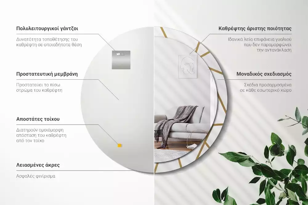 Lustro ścienne dekoracyjne o okrągłym kształcie z motywem kompozycji liniowej