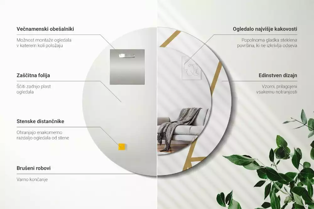 Lustro ścienne dekoracyjne o okrągłym kształcie z motywem kompozycji liniowej