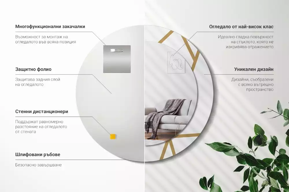 Lustro ścienne dekoracyjne o okrągłym kształcie z motywem kompozycji liniowej