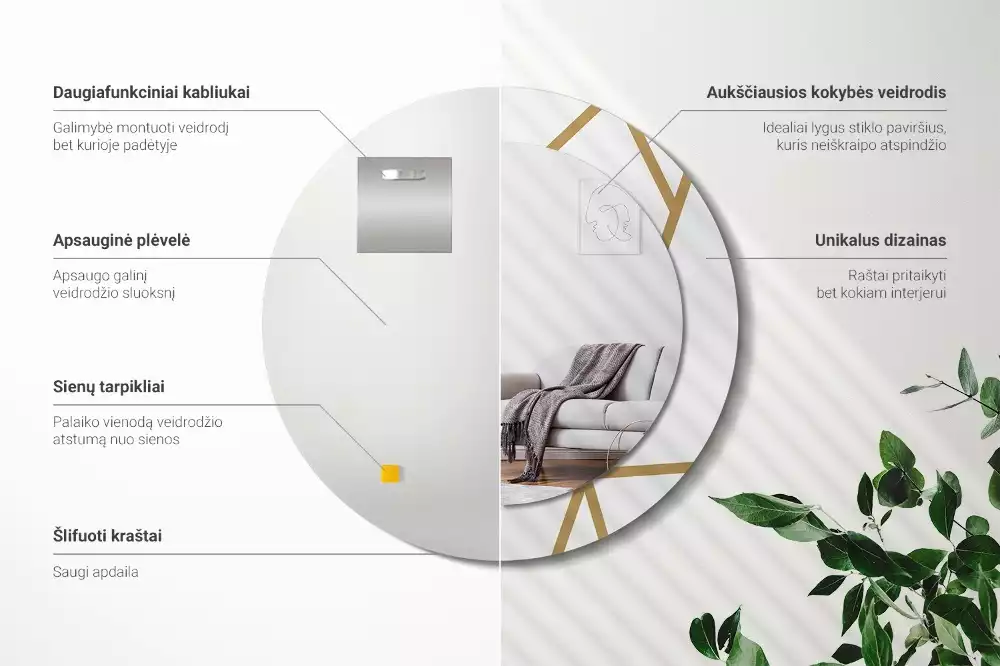 Lustro ścienne dekoracyjne o okrągłym kształcie z motywem kompozycji liniowej