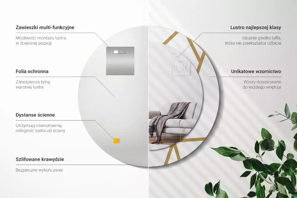 Lustro ścienne dekoracyjne o okrągłym kształcie z motywem kompozycji liniowej