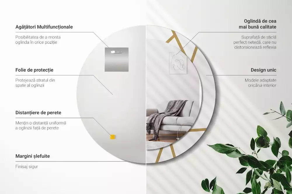 Lustro ścienne dekoracyjne o okrągłym kształcie z motywem kompozycji liniowej