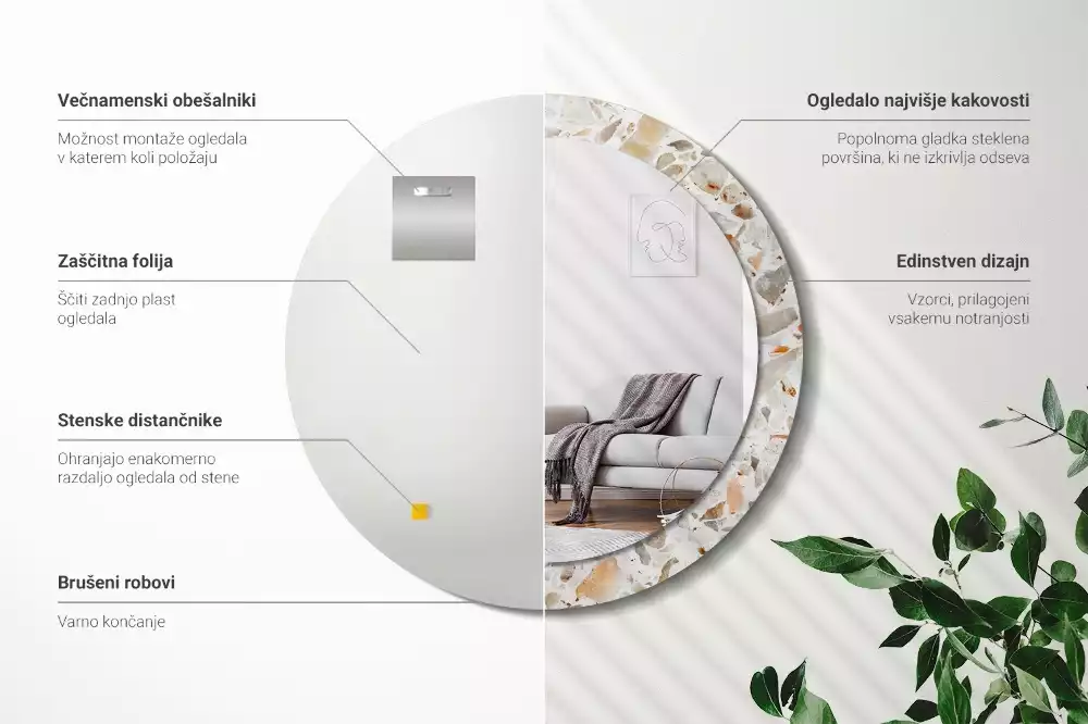 Lustro z nadrukowaną ramą w stylu lastryko o okrągłym kształcie