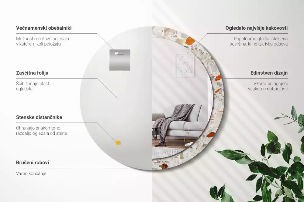 Lustro z nadrukowaną ramą w stylu lastryko o okrągłym kształcie