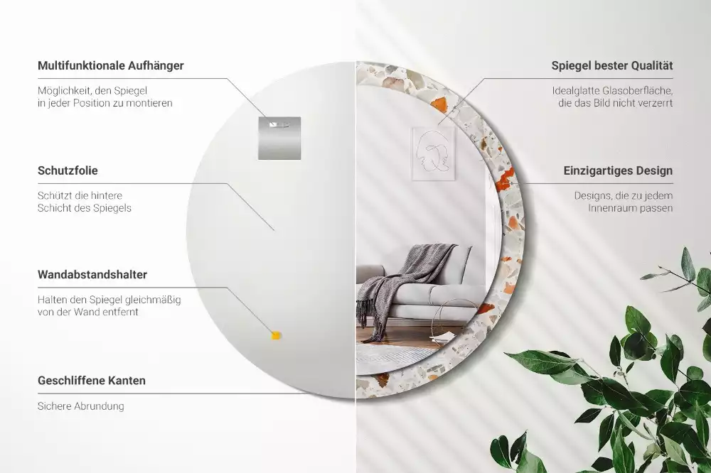 Lustro z nadrukowaną ramą w stylu lastryko o okrągłym kształcie