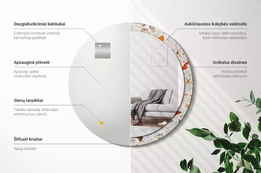 Lustro z nadrukowaną ramą w stylu lastryko o okrągłym kształcie