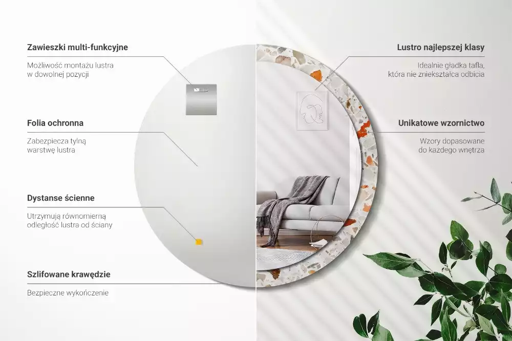 Lustro z nadrukowaną ramą w stylu lastryko o okrągłym kształcie