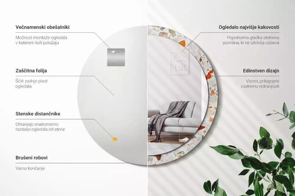 Lustro z nadrukowaną ramą w stylu lastryko o okrągłym kształcie