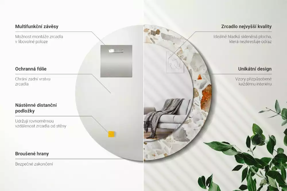 Lustro z nadrukowaną ramą w stylu lastryko o okrągłym kształcie