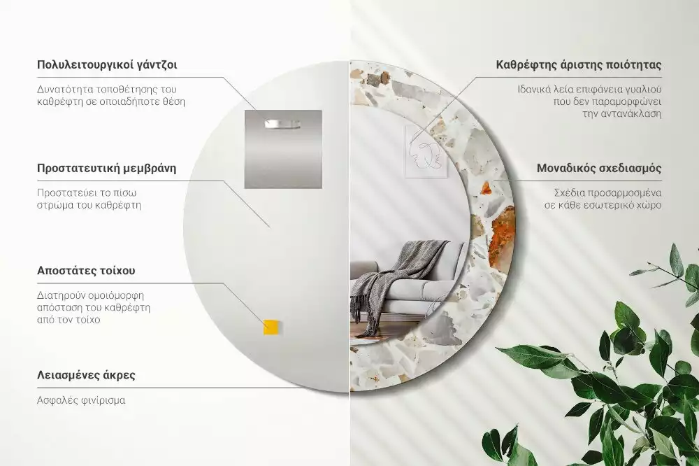 Lustro z nadrukowaną ramą w stylu lastryko o okrągłym kształcie