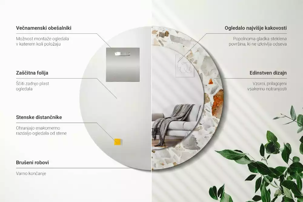 Lustro z nadrukowaną ramą w stylu lastryko o okrągłym kształcie