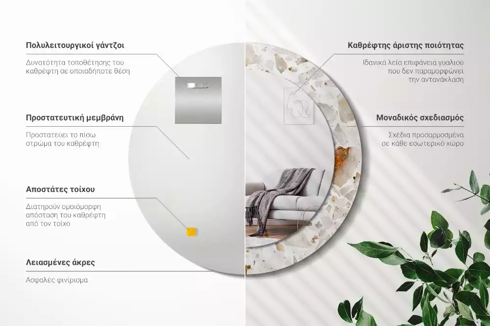 Lustro z nadrukowaną ramą w stylu lastryko o okrągłym kształcie