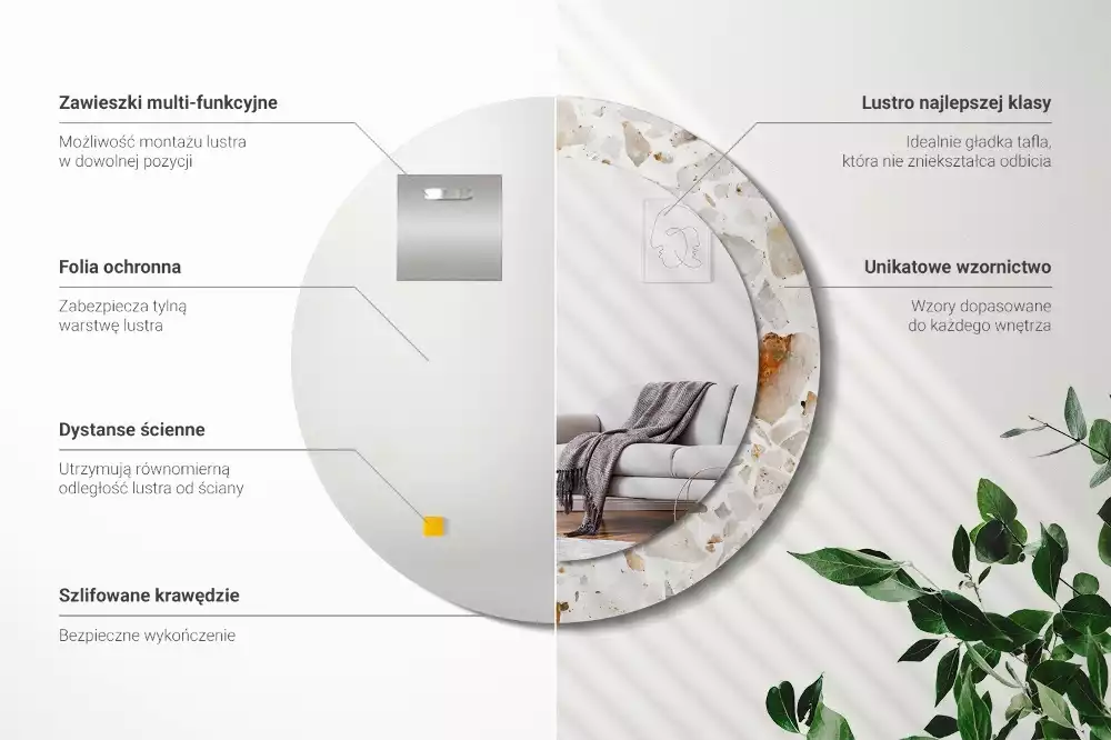 Lustro z nadrukowaną ramą w stylu lastryko o okrągłym kształcie