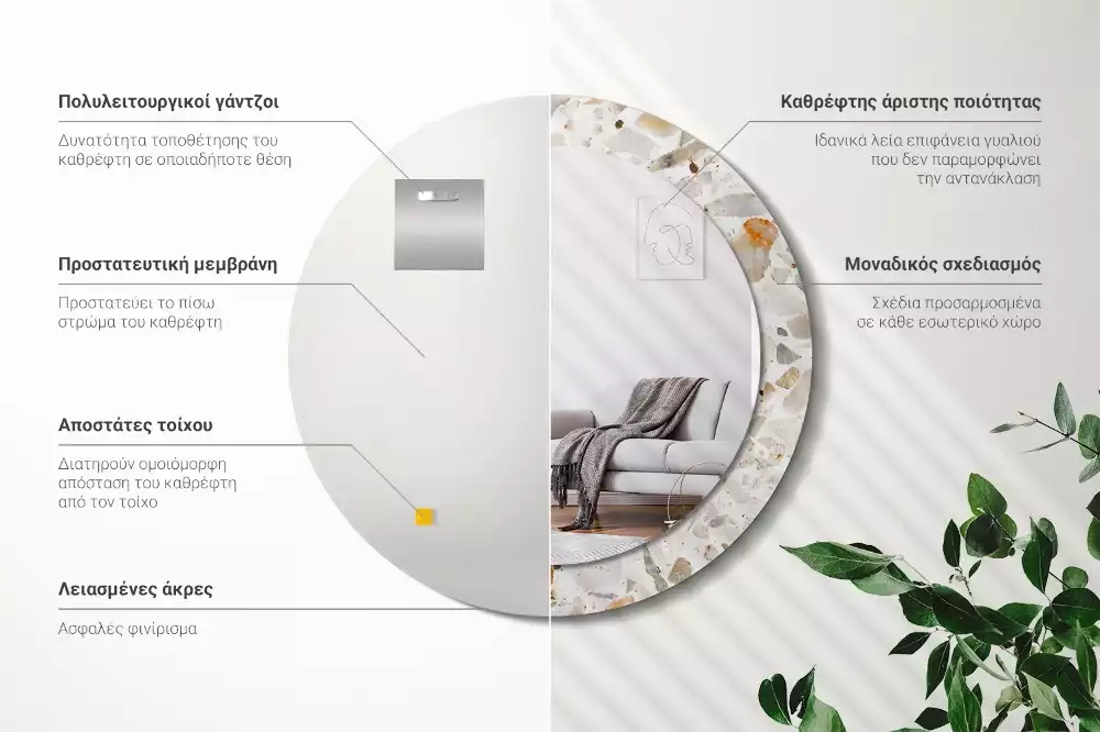 Lustro z nadrukowaną ramą w stylu lastryko o okrągłym kształcie