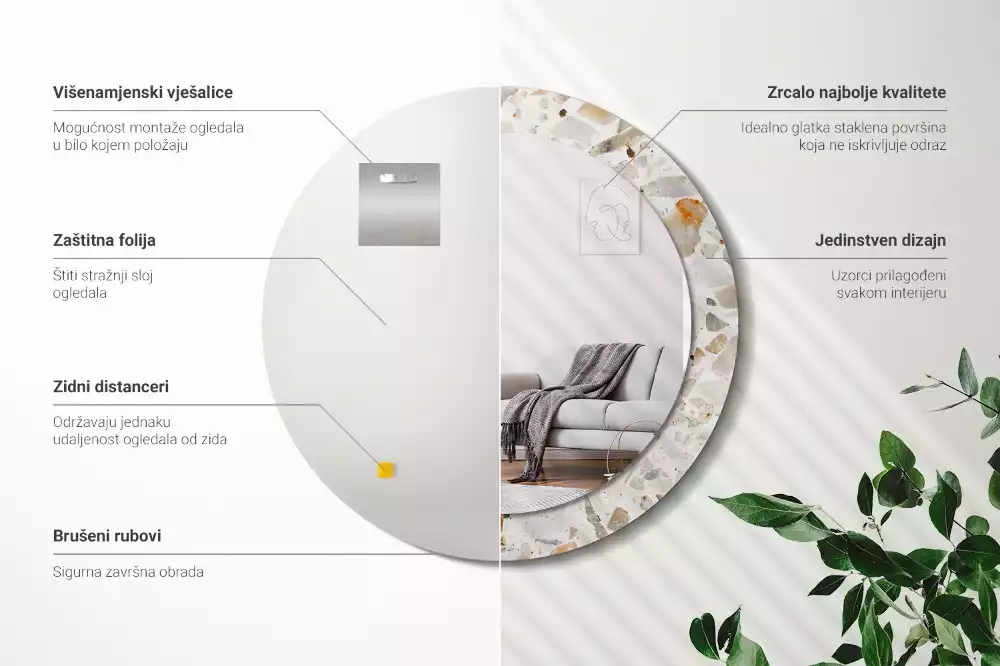 Lustro z nadrukowaną ramą w stylu lastryko o okrągłym kształcie