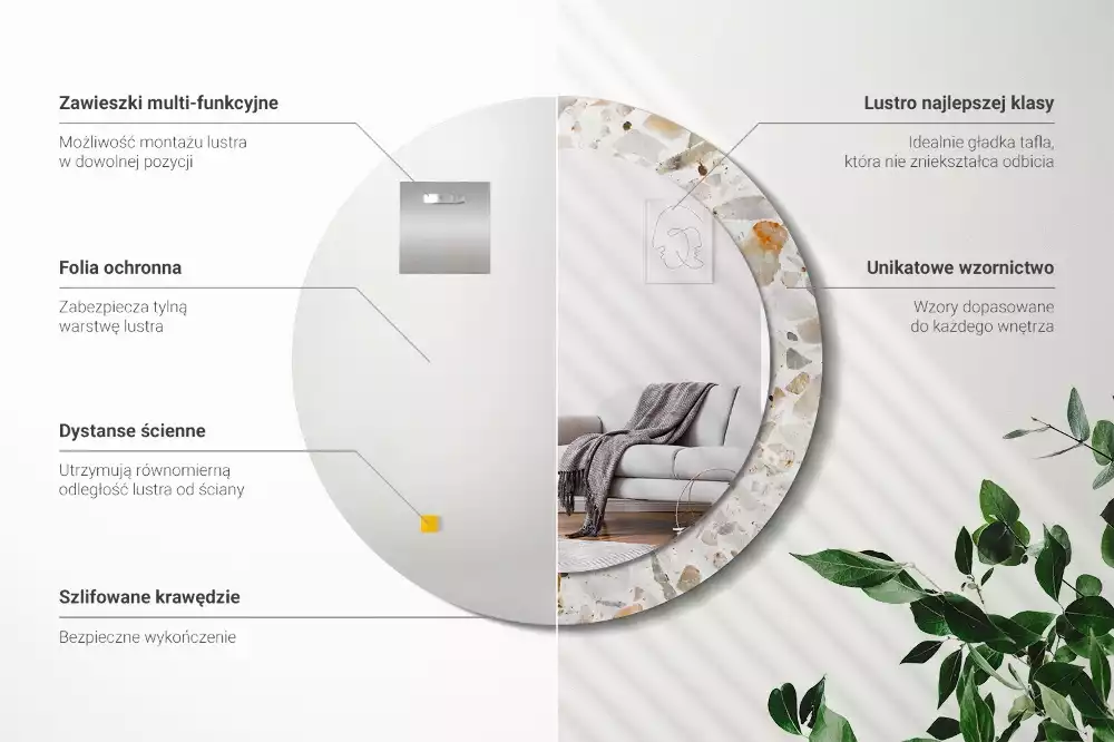 Lustro z nadrukowaną ramą w stylu lastryko o okrągłym kształcie