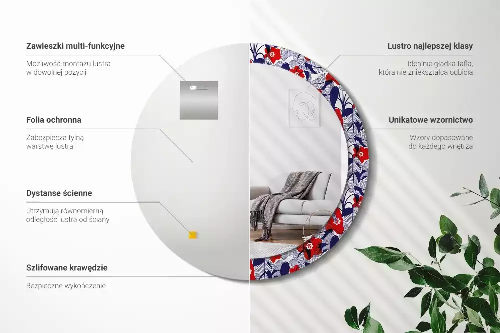 Lustro z drukowaną ramką w motywie filodendronów