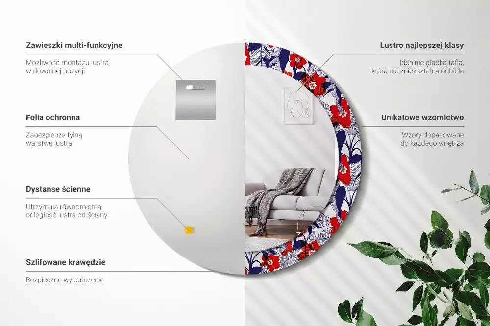 Lustro z drukowaną ramką w motywie filodendronów