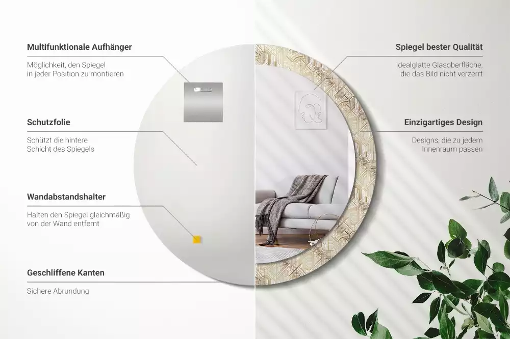 Lustro ścienne dekoracyjne w stylu art deco o okrągłym kształcie