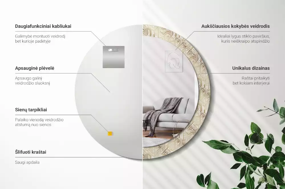 Lustro ścienne dekoracyjne w stylu art deco o okrągłym kształcie