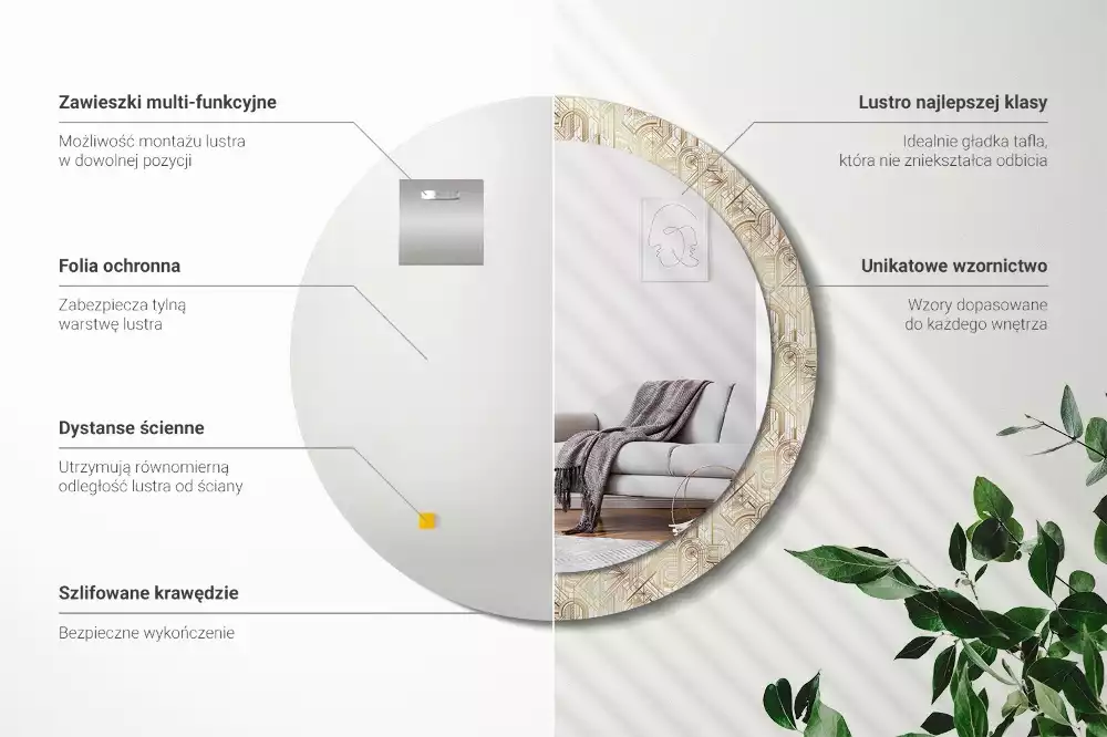 Lustro ścienne dekoracyjne w stylu art deco o okrągłym kształcie