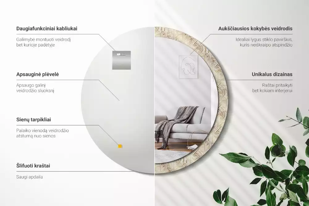 Lustro ścienne dekoracyjne w stylu art deco o okrągłym kształcie