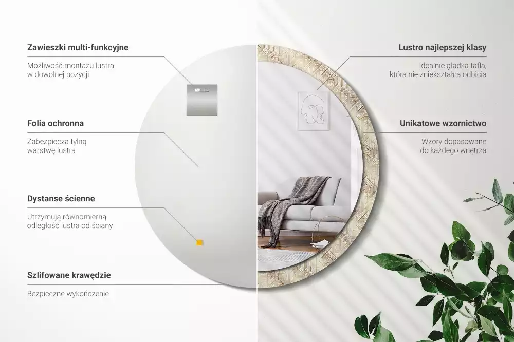 Lustro ścienne dekoracyjne w stylu art deco o okrągłym kształcie