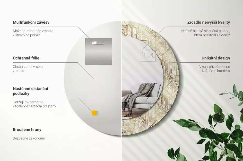 Lustro ścienne dekoracyjne w stylu art deco o okrągłym kształcie