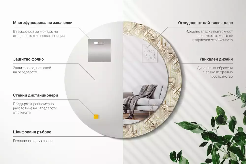 Lustro ścienne dekoracyjne w stylu art deco o okrągłym kształcie