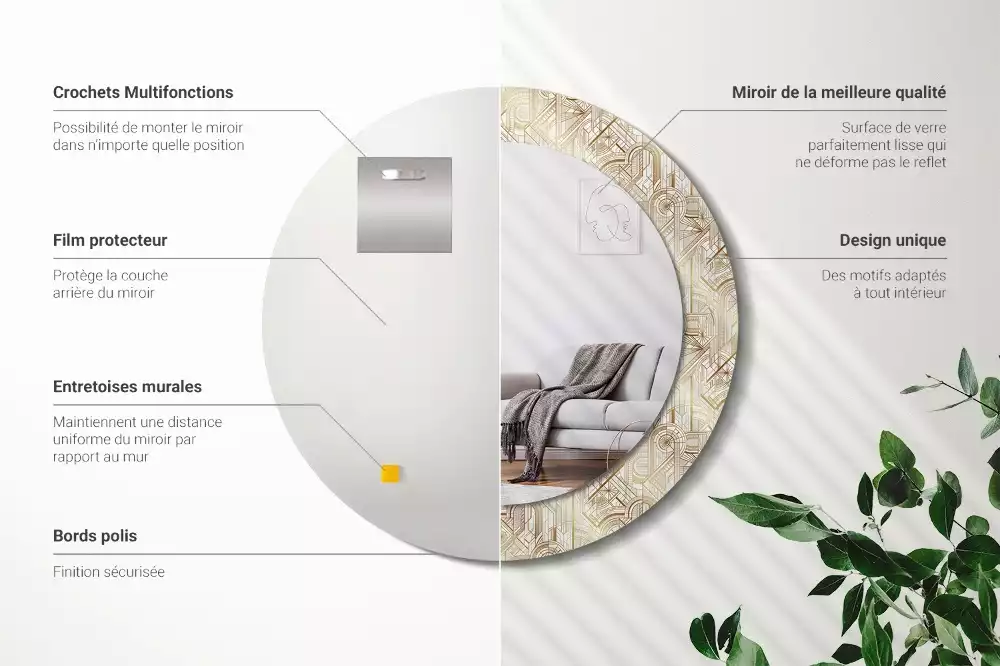 Lustro ścienne dekoracyjne w stylu art deco o okrągłym kształcie