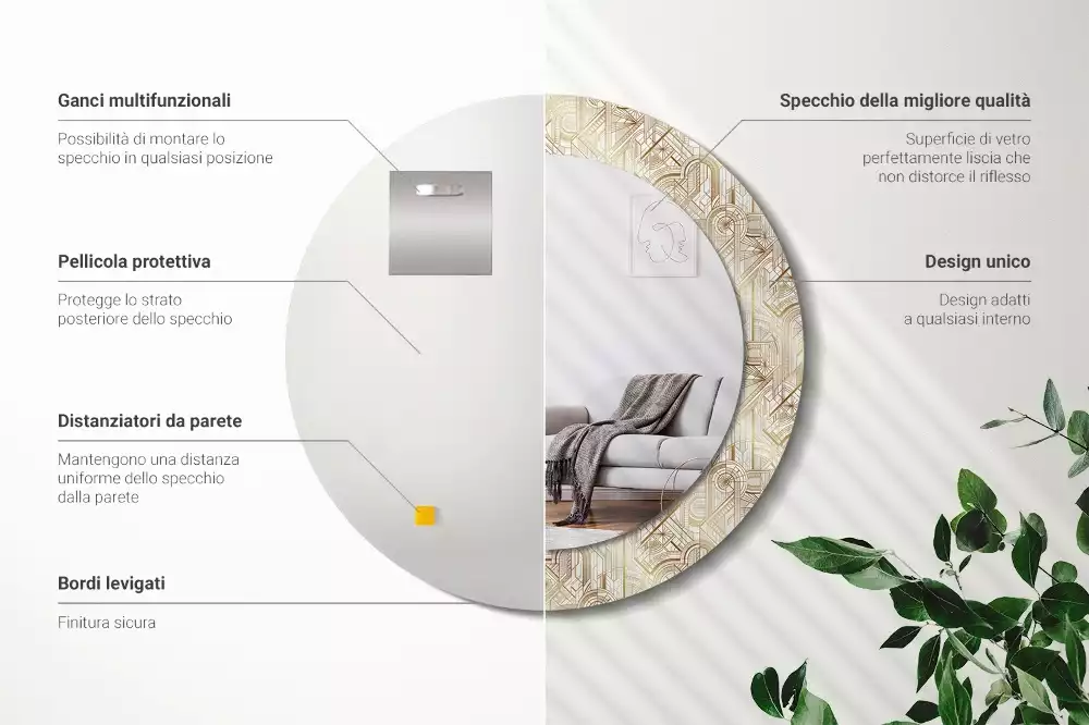 Lustro ścienne dekoracyjne w stylu art deco o okrągłym kształcie