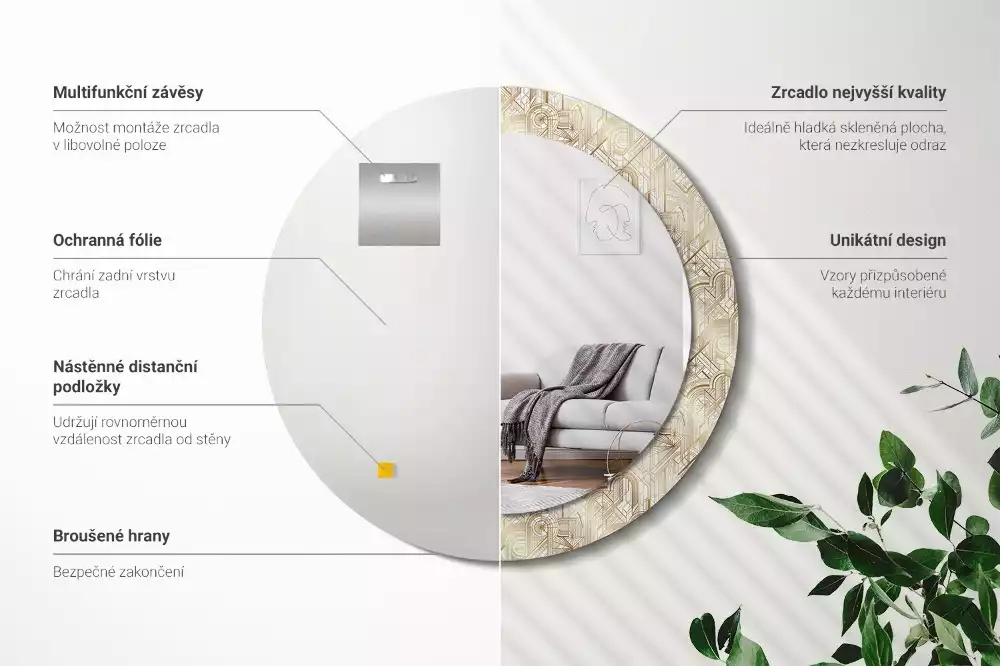 Lustro ścienne dekoracyjne w stylu art deco o okrągłym kształcie