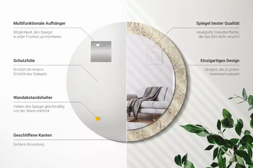 Lustro ścienne dekoracyjne w stylu art deco o okrągłym kształcie