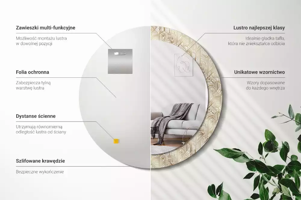 Lustro ścienne dekoracyjne w stylu art deco o okrągłym kształcie