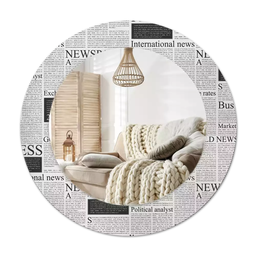 Lustro z okrągłą ramą z nadrukiem w motywie gazet