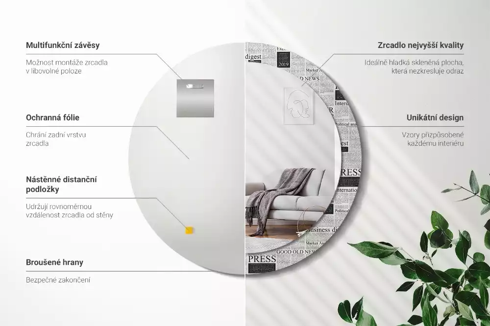 Lustro z okrągłą ramą z nadrukiem w motywie gazet