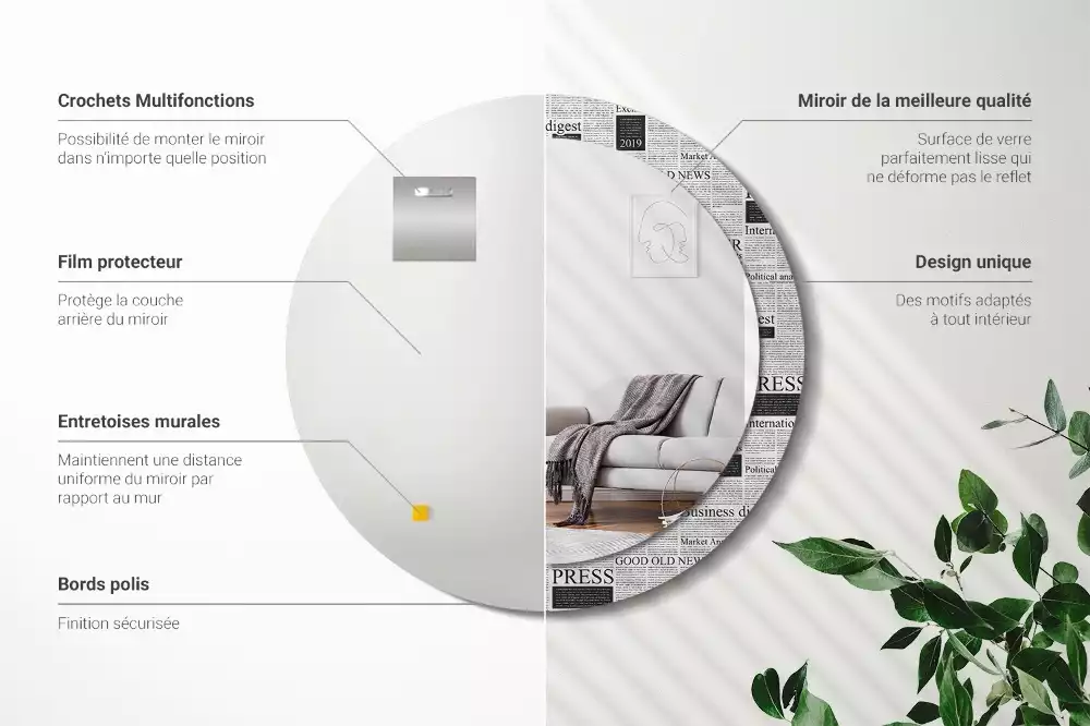 Lustro z okrągłą ramą z nadrukiem w motywie gazet