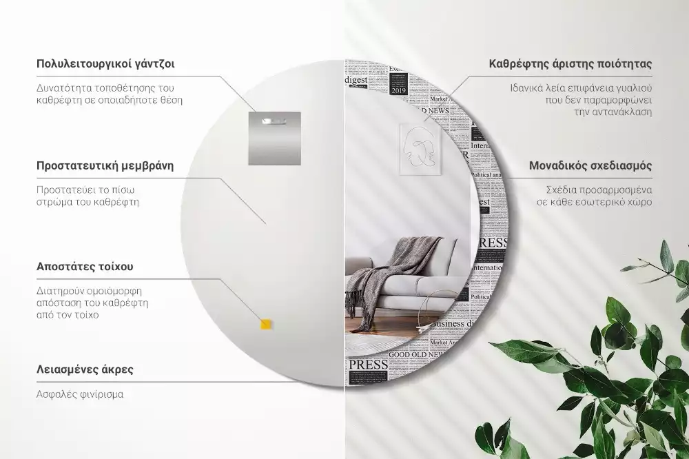 Lustro z okrągłą ramą z nadrukiem w motywie gazet