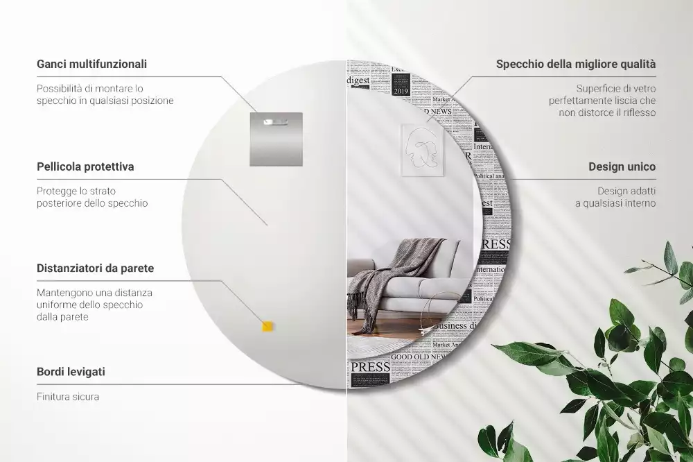 Lustro z okrągłą ramą z nadrukiem w motywie gazet