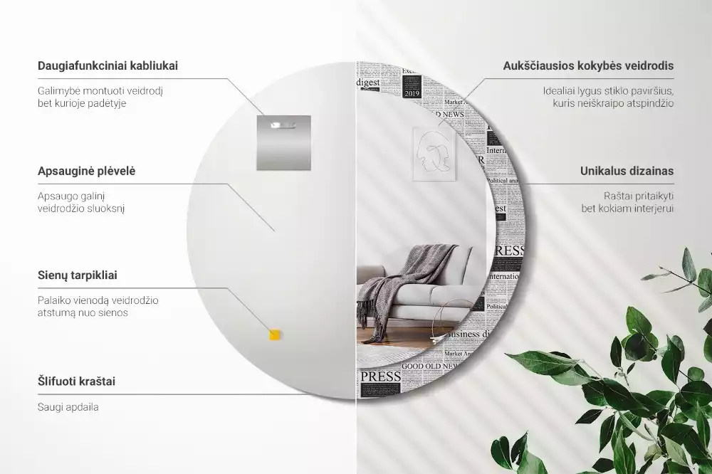 Lustro z okrągłą ramą z nadrukiem w motywie gazet