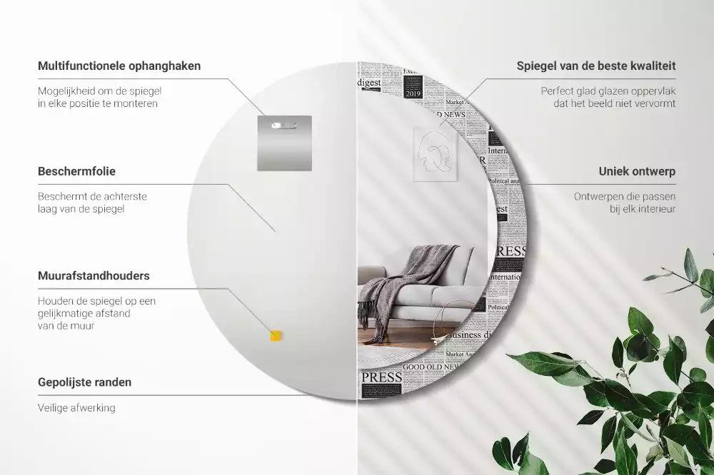 Lustro z okrągłą ramą z nadrukiem w motywie gazet