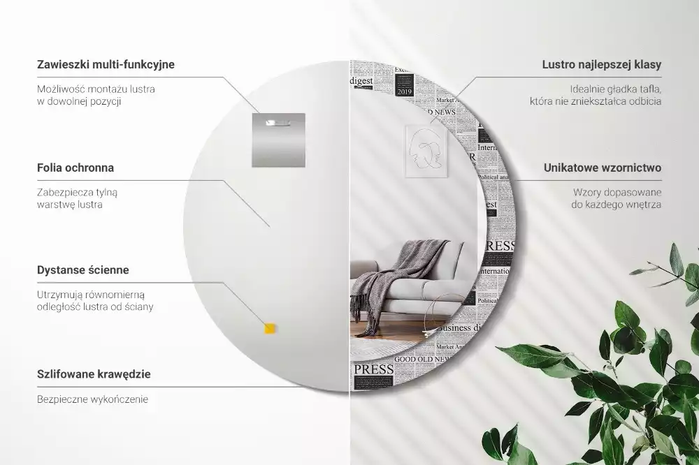 Lustro z okrągłą ramą z nadrukiem w motywie gazet