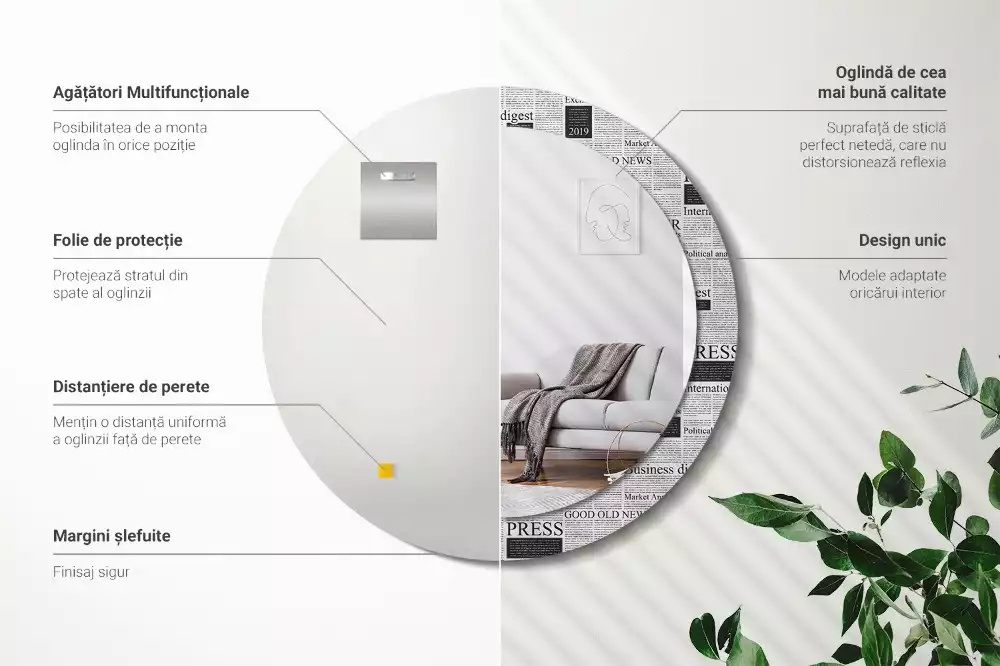 Lustro z okrągłą ramą z nadrukiem w motywie gazet