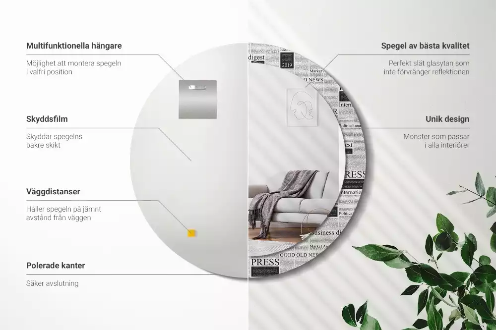 Lustro z okrągłą ramą z nadrukiem w motywie gazet