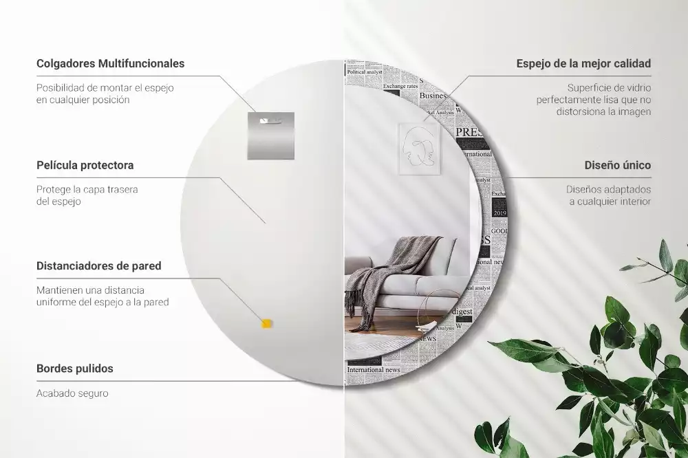 Lustro z okrągłą ramą z nadrukiem w motywie gazet