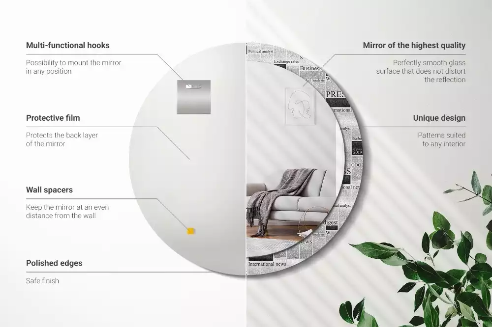 Lustro z okrągłą ramą z nadrukiem w motywie gazet