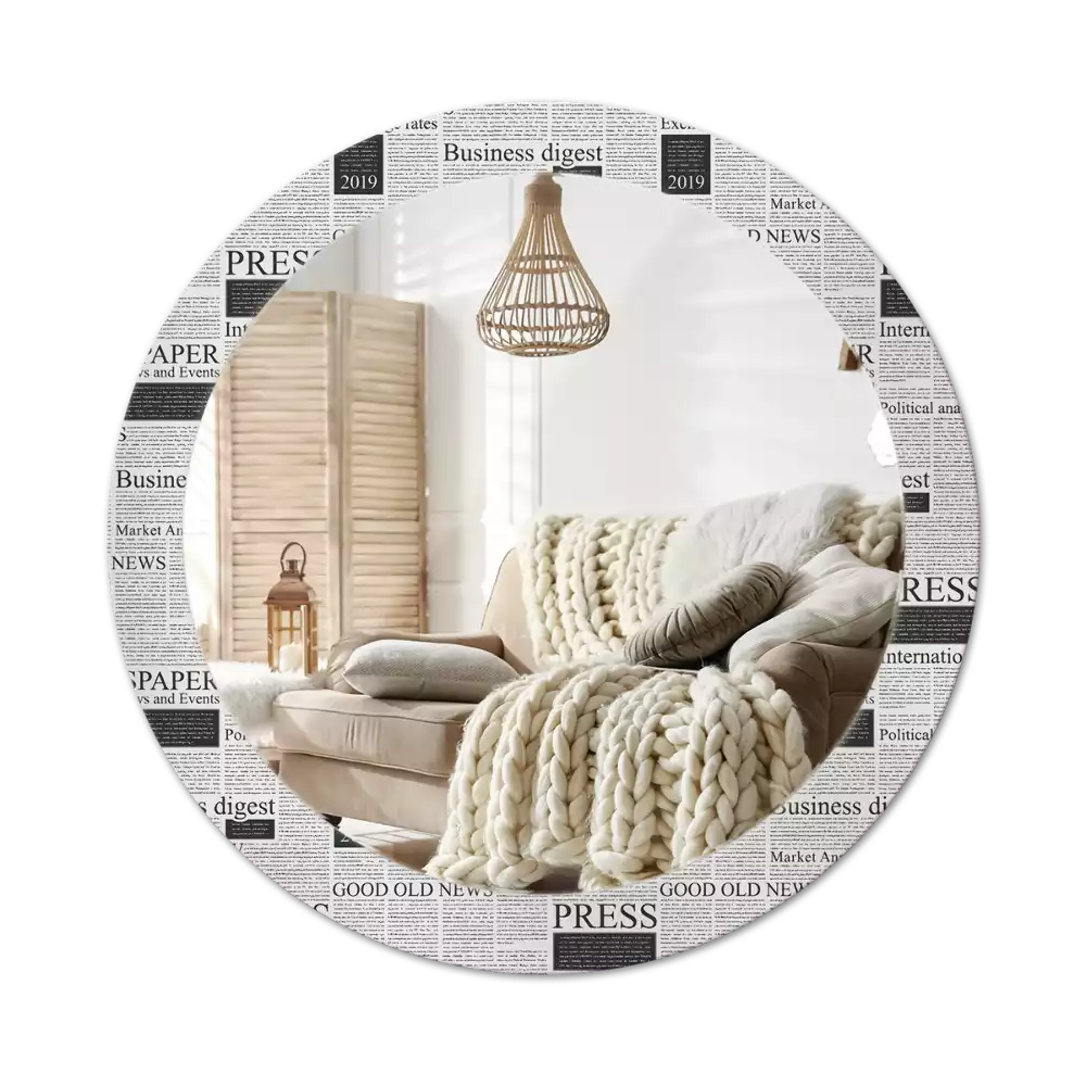 Lustro z okrągłą ramą z nadrukiem w motywie gazet