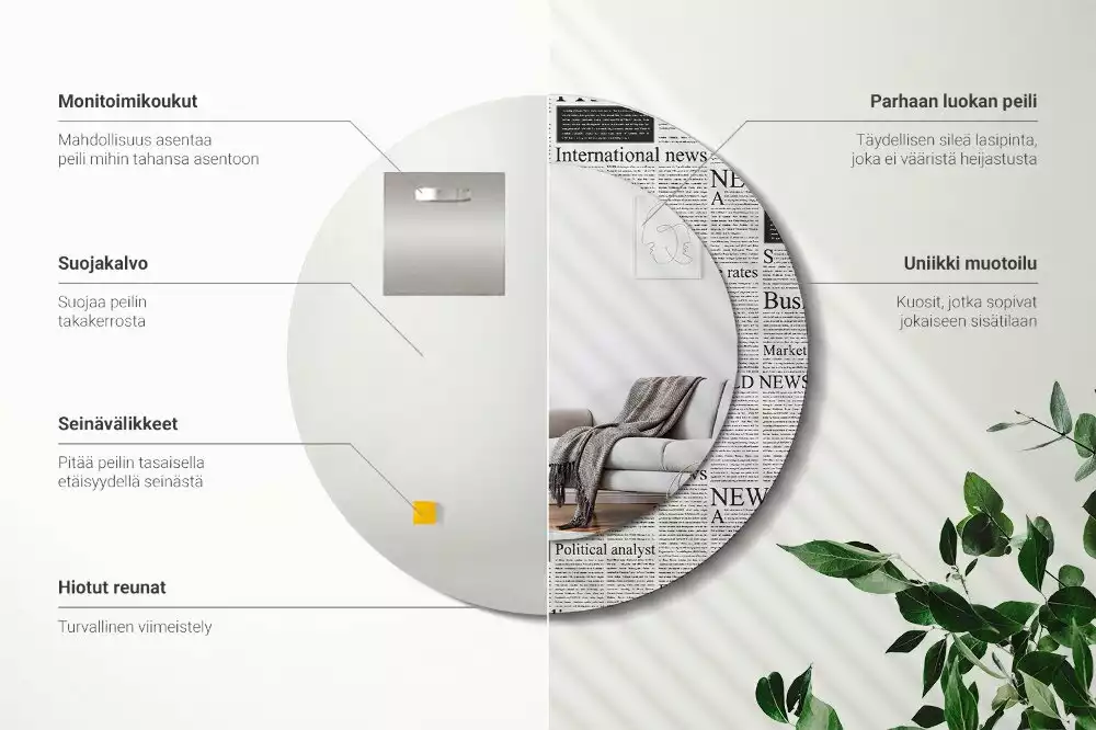 Lustro z okrągłą ramą z nadrukiem w motywie gazet