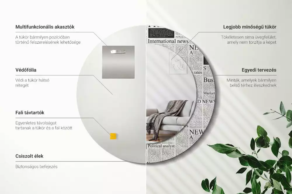 Lustro z okrągłą ramą z nadrukiem w motywie gazet